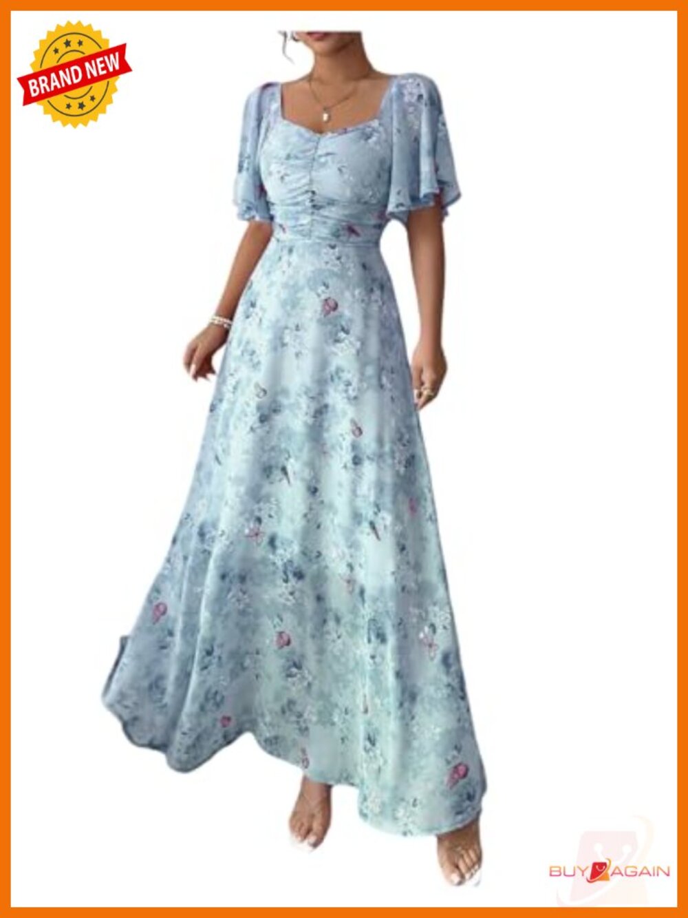Floerns Women's Butterfly Sleeve Sweetheart Neck A-Line Maxi Dress Boho Vacation